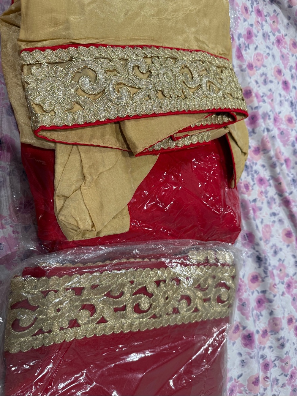 Red & Beige Embroidered Women's Salvar Punjabi Suit Elegant Gold Trim